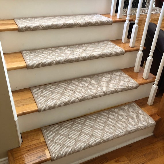 J Mish Tiburon Light Beige Flat Weave 100% Wool! - True Bullnose® Padded Carpet Stair Tread Runner for Style, Comfort & Safety (Sold Each)