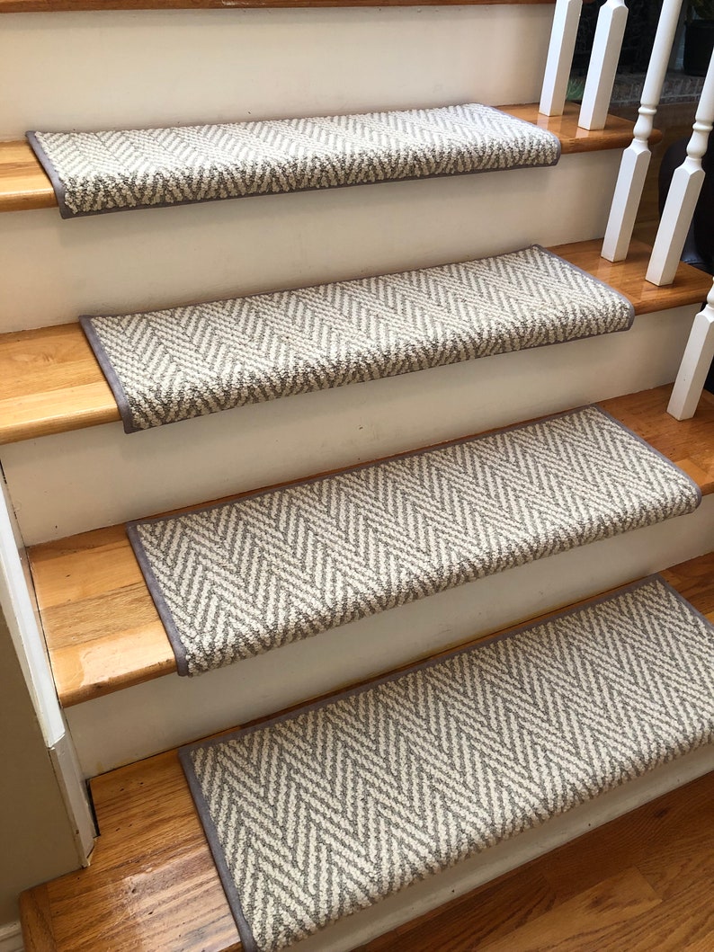 Only Natural Misty Dawn Herringbone Pattern Padded True Bullnose® Carpet Stair Tread Sold Each image 1