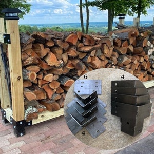 May include: A close-up of six black metal brackets, labeled "6", and four black metal brackets, labeled "4". The brackets are designed to support a wooden structure, such as a firewood rack.