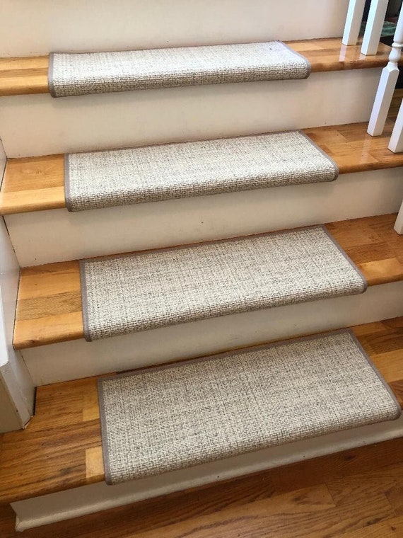 SALE BOX Set! Set of 14 Newport Parchment 100% Wool! TRUE Bullnose® Carpet Stair Tread Runner Replacement 27" wide by 10" deep