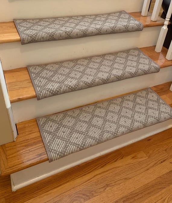 J Mish Tiburon Light Grey Flat Weave 100% Wool! - True Bullnose® Padded Carpet Stair Tread Runner for Style, Comfort & Safety (Sold Each)