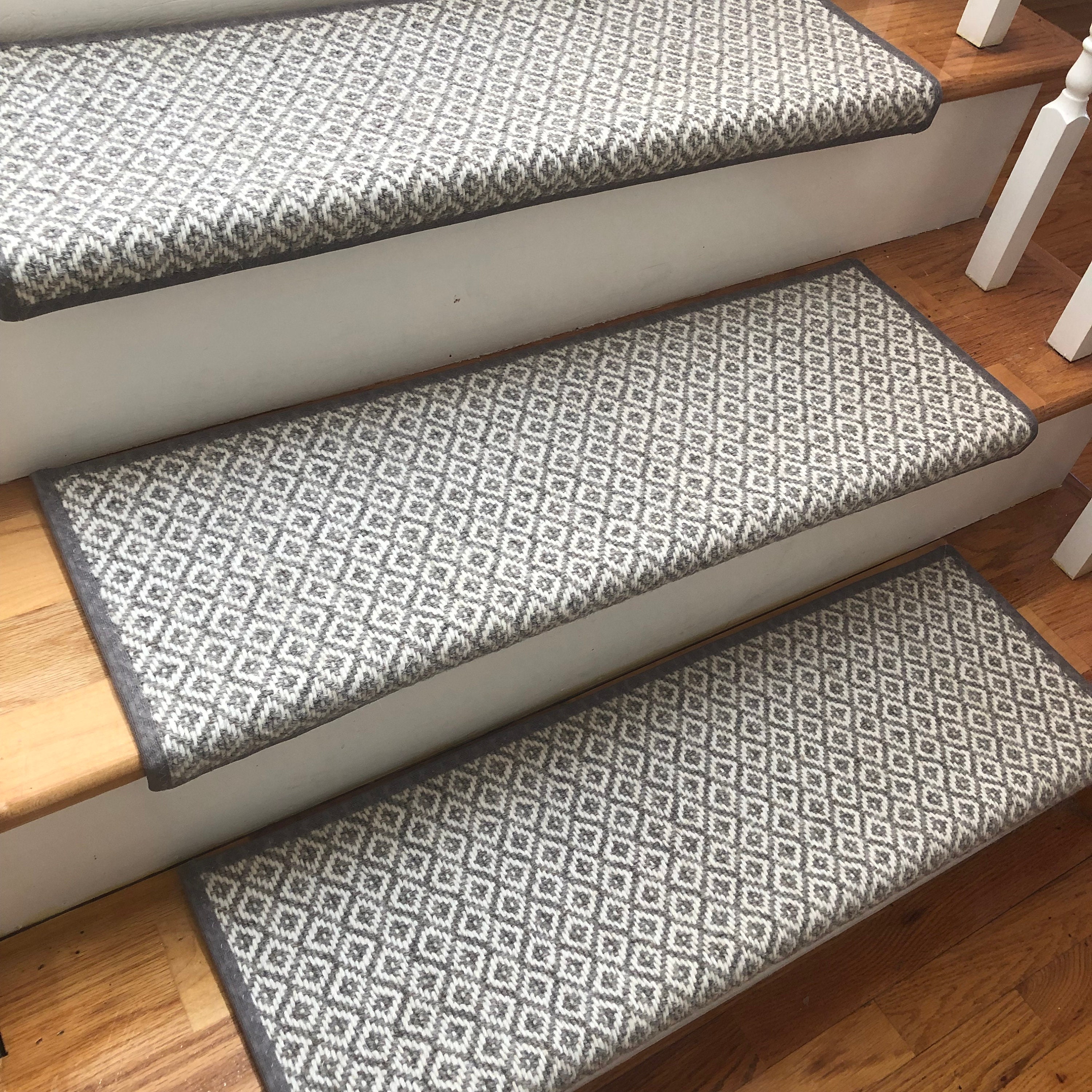 PADDED Breckenridge Light Grey Flat Woven 100% Wool True Bullnose® Carpet  Stair Tread Runner Replacement Style Comfort & Safety (Sold Each)