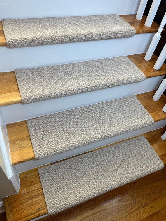 OPEN BOX SALE! Set of 16 Adderbury Tan/Ivory 100% Wool Padded True Bullnose® Stair Treads 27" Wide X 10" Deep