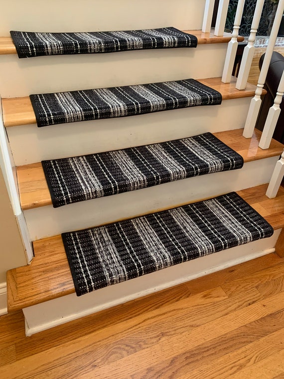 Carolina Stripe Noir (and other colors) 100% New Zealand Wool! - TRUE Bullnose™ Carpet Padded Stair Tread Runner Replacement (Sold Each)