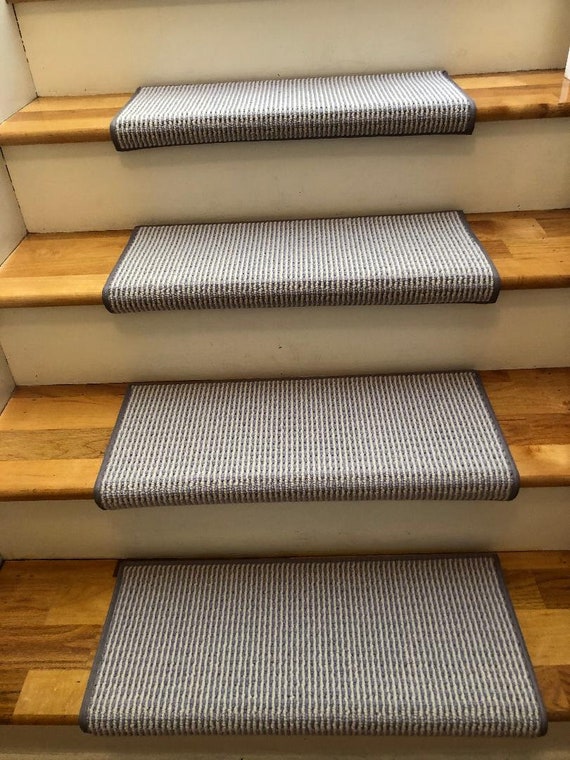 CLEARANCE SET! Sunrise Violets are Blue Set of  13 100% New Zealand Wool True Bullnose ® Padded Stair Treads 24" wide X 10" deep