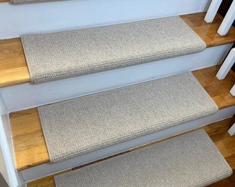 OPEN BOX SALE! Set of 14 Adderbury Tan/Ivory 100% Wool Padded True Bullnose® Stair Treads 31" Wide X 10" Deep