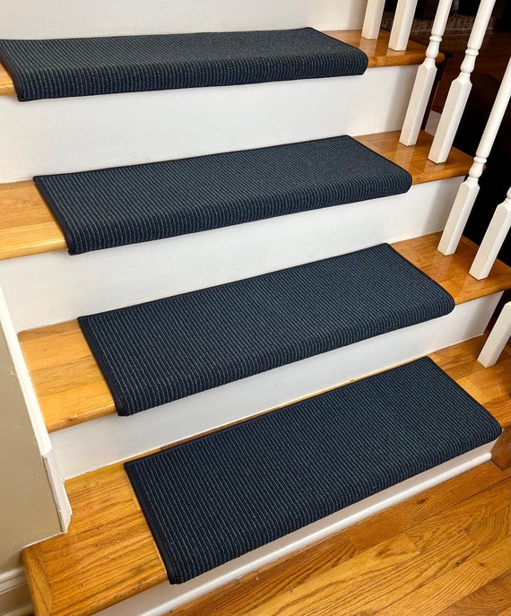 Baytowne ll North Sea Blue 100% Wool True Bullnose Padded Carpet Stair Tread JMish (Sold Per Step/Each)