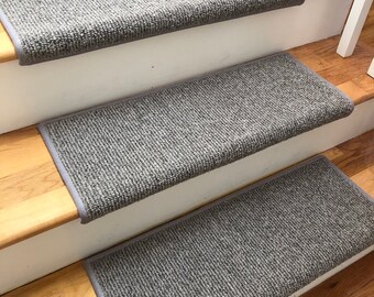 Big Sky Lt Grey/Medium Grey 100% Wool True Bullnose® Padded Carpet Stair Tread JMish Step Comfort Safety Dog Pet Runner (Sold Per Step/Each)