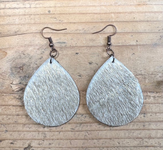 Cowhide Earrings Teardrop Handmade