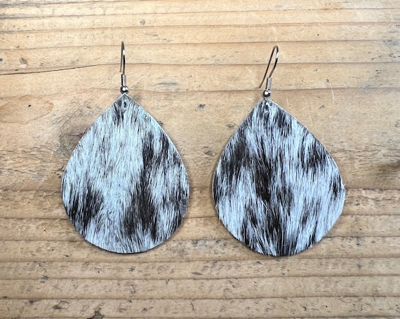 Cowhide Earrings Teardrop Handmade