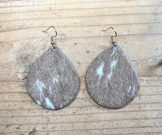 Cowhide Earrings Teardrop Handmade