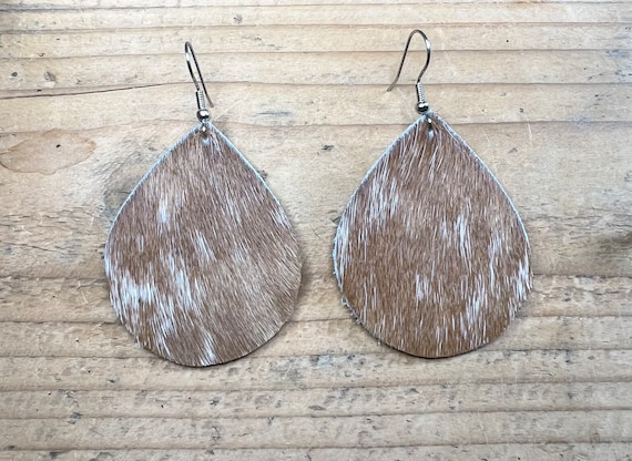 Cowhide Earrings Teardrop Handmade