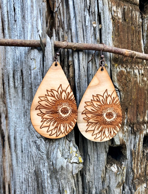 Sunflower Earrings Wooden Teardrops