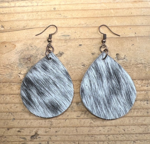 Cowhide Earrings Teardrop Handmade
