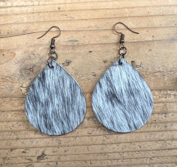 Cowhide Earrings Teardrop Handmade