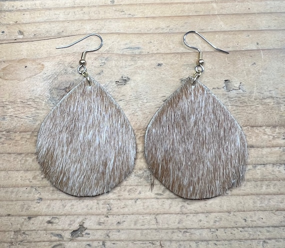 Cowhide Earrings Teardrop Handmade
