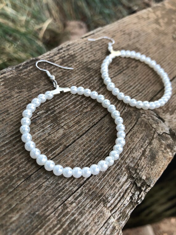 Faux Pearl Beaded Hoop Earrings