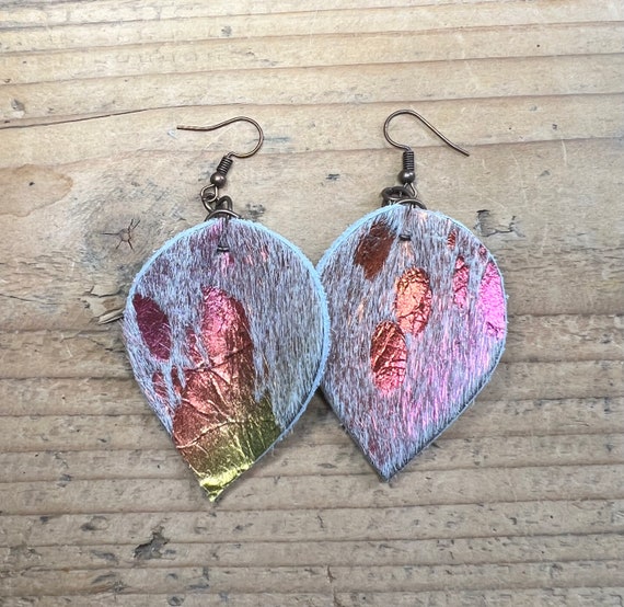 Cowhide Earrings Reverse Teardrop Handmade