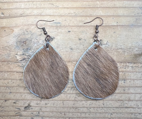 Cowhide Earrings Teardrop Handmade