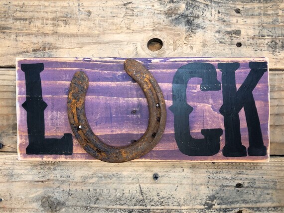 Rustic Horseshoe Sign Wall Decor Purple Luck Handmade