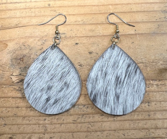 Cowhide Earrings Teardrop Handmade