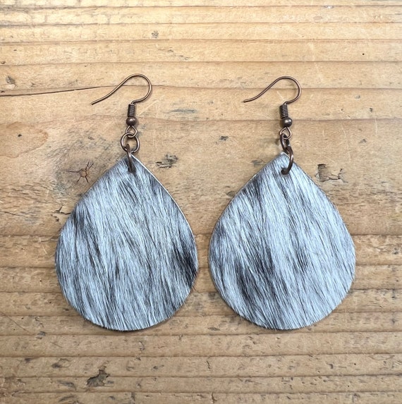 Cowhide Earrings Teardrop Handmade