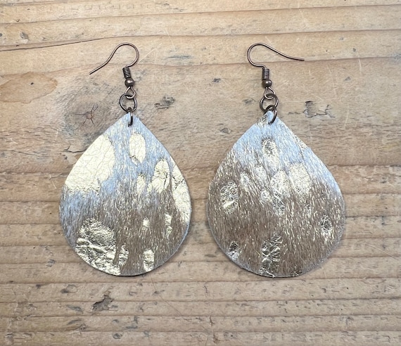Cowhide Earrings Teardrop Handmade