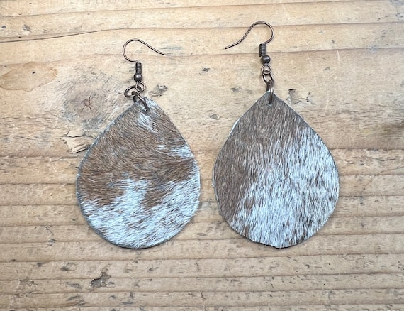 Cowhide Earrings Teardrop Handmade