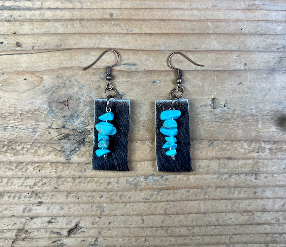 Cowhide Bar Stone Dangle Earrings