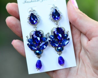 Luxury Rhinestone Navy Blue Earrings, Bridal Statement Jewelry