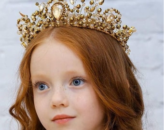 Tiara de Cristal Dourada: Coroa de Casamento para Pequena Princesa, Roupa de Festival com Strass