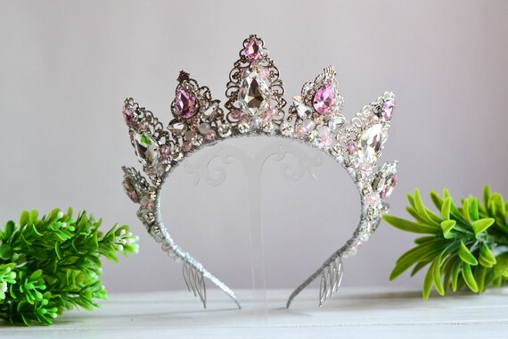 Silver & Pink Crystal Wedding Tiara and Earrings Set  display picture 1