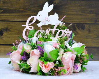 Floral Easter decor with bunnies and eggs Peony Easter decor Flower Easter basket Easter peony basret Easter decor with bunnies