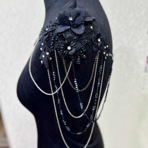 Floral Lace Bridal Shoulder Necklace with Pearl Vines, Black Wedding Jewelry image 9