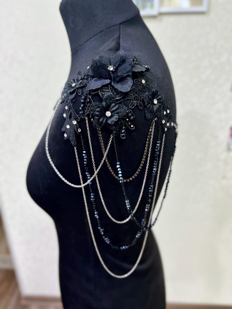 Floral Lace Bridal Shoulder Necklace with Pearl Vines, Black Wedding Jewelry image 9