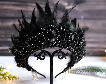 Black crown with feathers Ballet black tiara for black swan Wedding black crown Crown of feathers Ballet white crown Gothic wedding crown