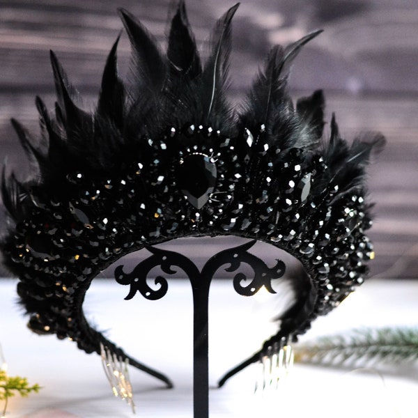 Black crown with feathers Ballet black tiara for black swan Wedding black crown Crown of feathers Ballet white crown Gothic wedding crown