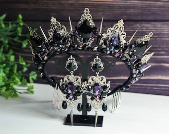 Gotische huwelijkskroon met doornen Heksen zwarte kroon in gotische stijl, zwarte kroon, gotische tiara, zwarte en rode tiara, Halloween-kroon