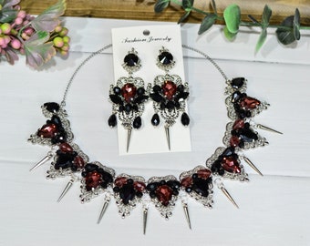 Gothic wedding necklace and earrings with spikes Gothic wedding necklace and earrings Gothic thorn earrings Black wedding necklace