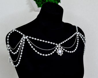 Pearl wedding shoulder necklace Pearl bridal shoulder necklace Bridal shoulder necklace Art deco necklace Black wedding necklace