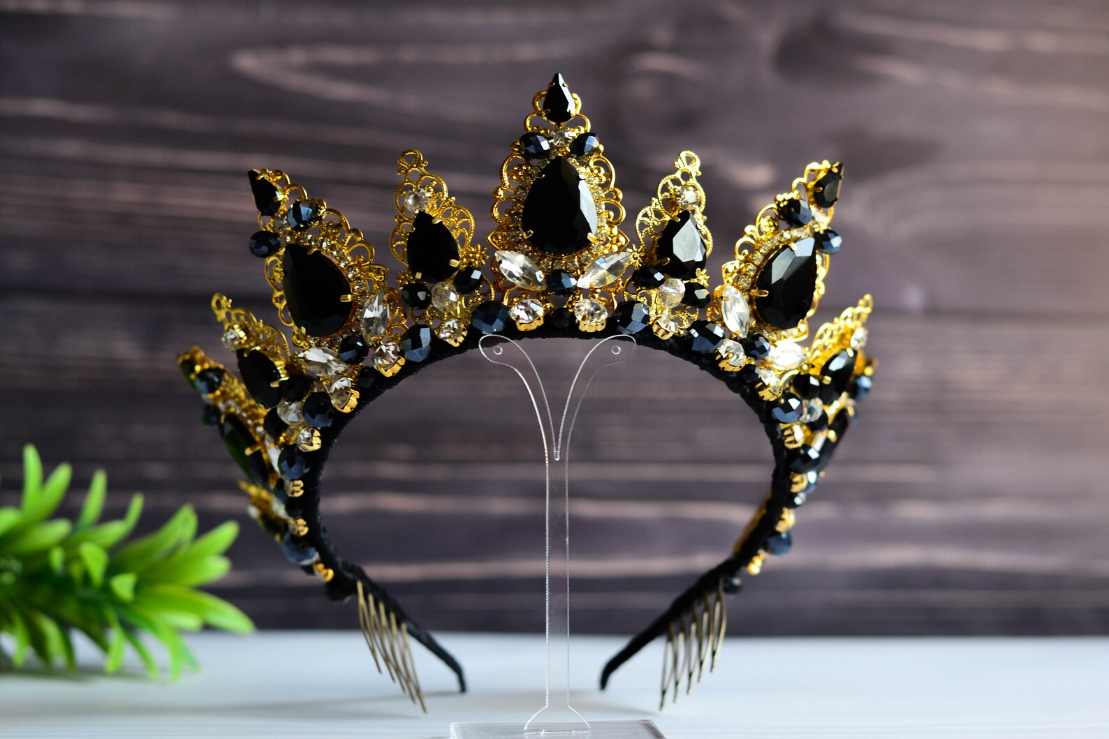 Royal Black Crystal Crown Gothic Burgundy Wedding Crown Etsy