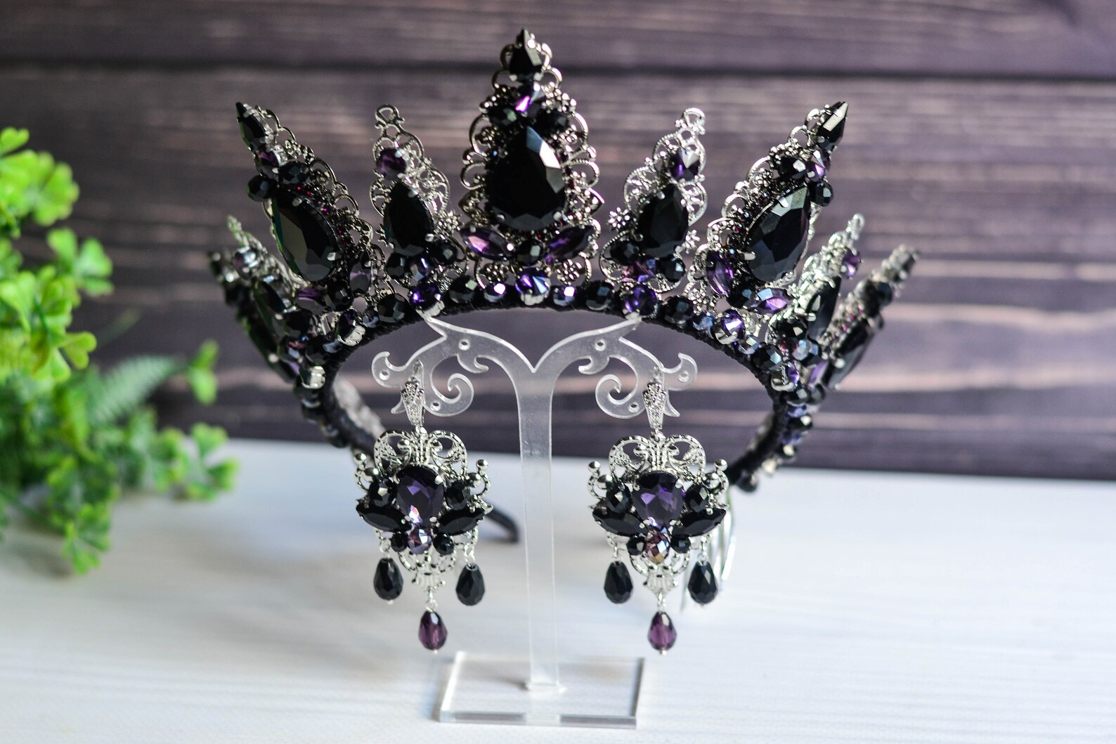 Royal Black Crystal Crown Gothic Burgundy Wedding Crown Etsy