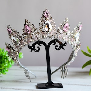 Delicate crystal wedding tiara and earrings in pink colors Tiara for the little princess Crystal diadem Pink crown Bridal wedding crown