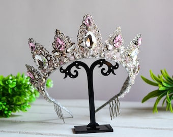 Silver & Pink Crystal Wedding Tiara and Earrings Set, Princess luxury Diadem, Rhinestone Bridal Crown