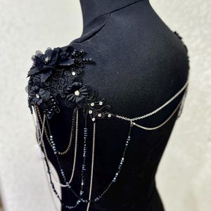 Floral Lace Bridal Shoulder Necklace with Pearl Vines, Black Wedding Jewelry image 10