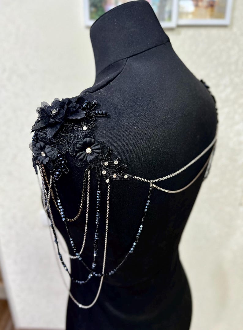 Floral Lace Bridal Shoulder Necklace with Pearl Vines, Black Wedding Jewelry image 10