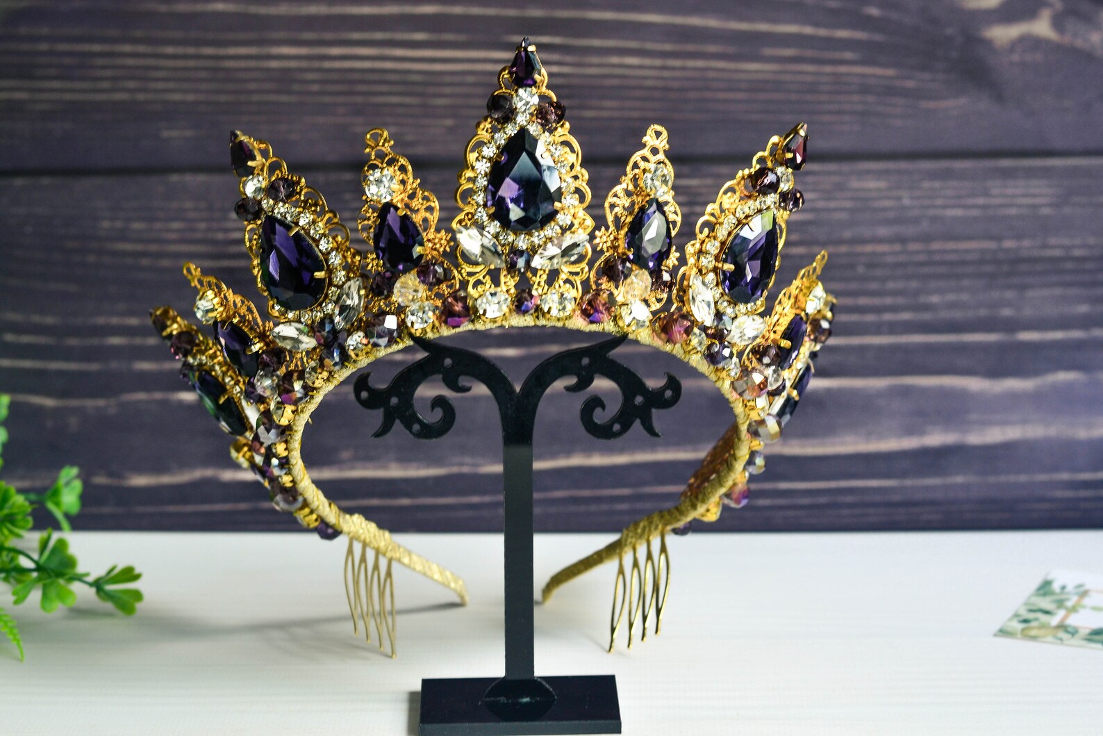 Royal Black Crystal Crown Gothic Burgundy Wedding Crown Etsy