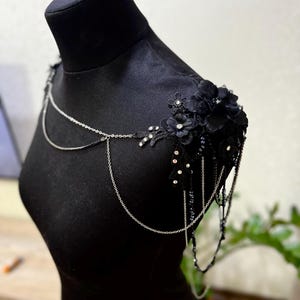Floral Lace Bridal Shoulder Necklace with Pearl Vines, Black Wedding Jewelry image 8