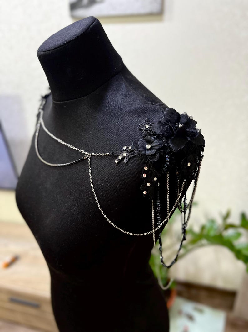 Floral Lace Bridal Shoulder Necklace with Pearl Vines, Black Wedding Jewelry image 8