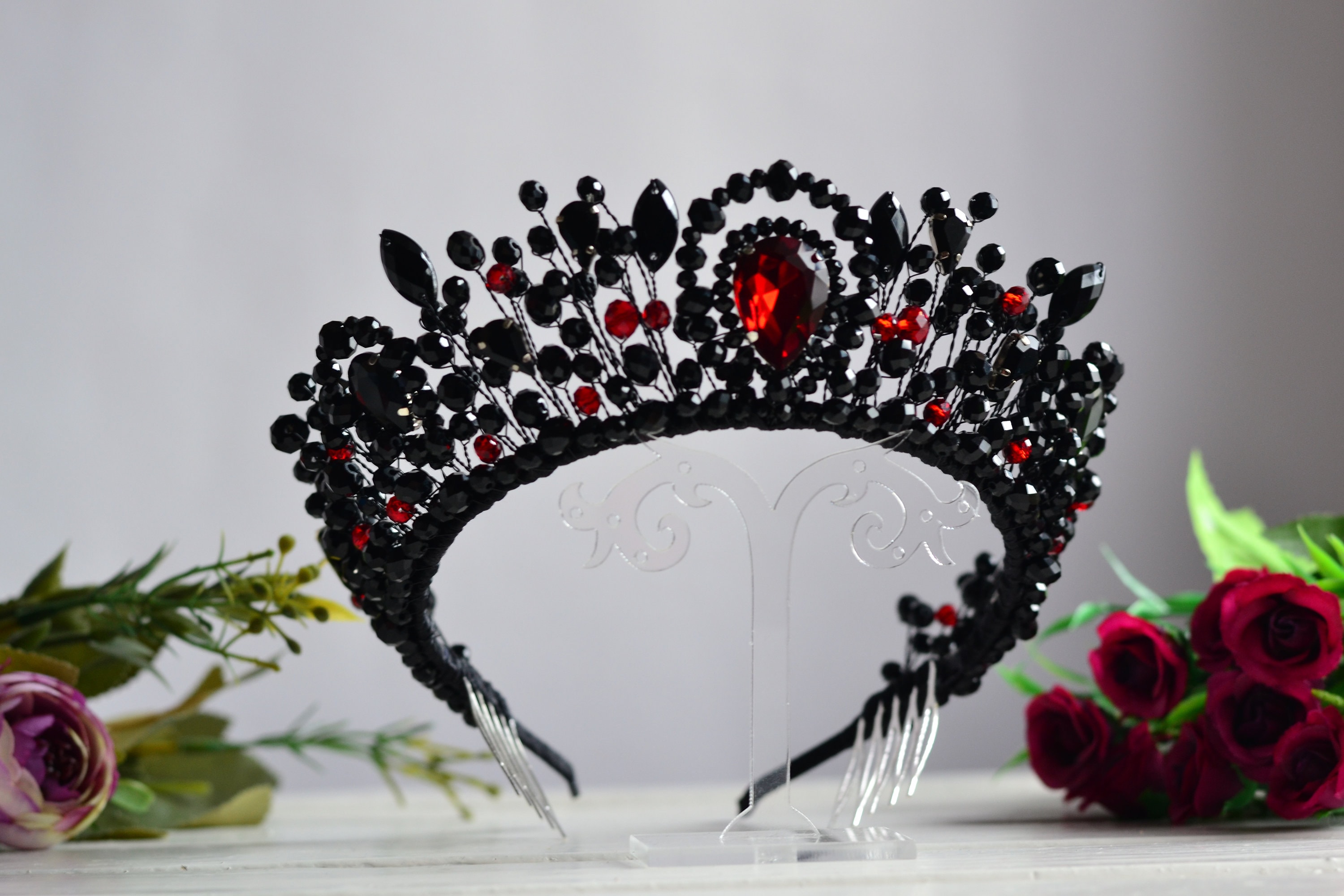 Ruby Crystal Tiara, Black Crown, Princess Tiara, Goth Headband, Red Stone Crown il_fullxfull.7104638064_5ehj.jpg main image 3